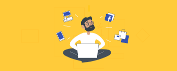 на жёлтом фоне рисованный персонаж, лого фэйсбука